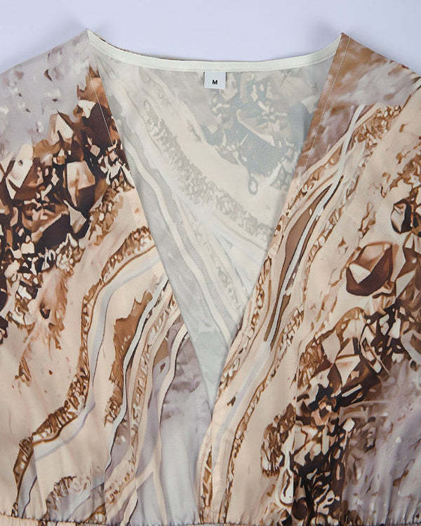 Gold Beach Marble Print Long Sleeve Maxi Dress