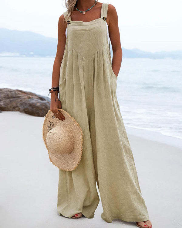 Casual Loose Solid Color Cotton and Linen Jumpsuit
