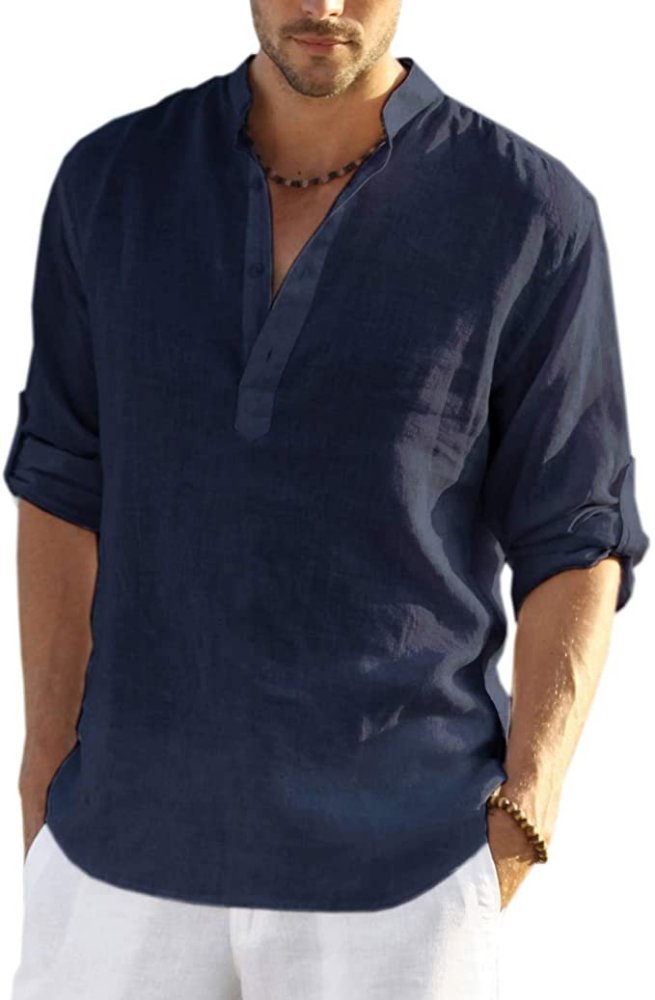 2022 Men's cotton linen shirt long-sleeved casual beach T-shirt