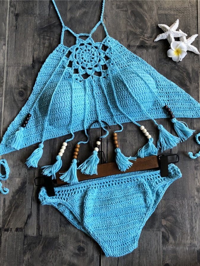 Solid Color Hand Crochet Cutout Bikini Set