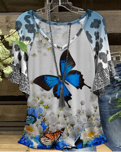 Women's Butterfly Floral Leopard Print Loose Top