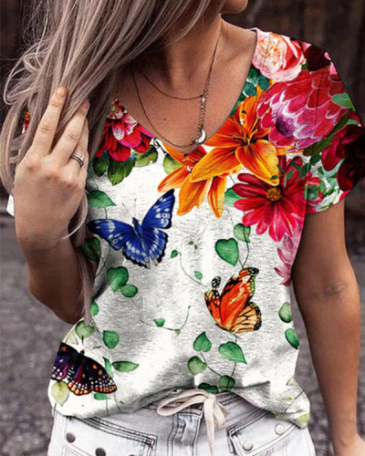 Women's Short Sleeve Abstract Floral V-Neck Top
