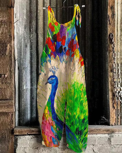 Women's Peacock Print Loose Casual Jumpsuit