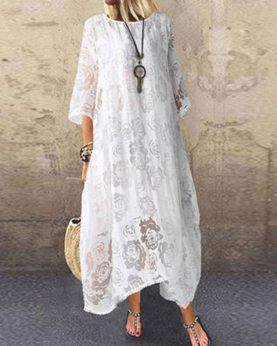 Casual Crew Neck Lace Long Dress