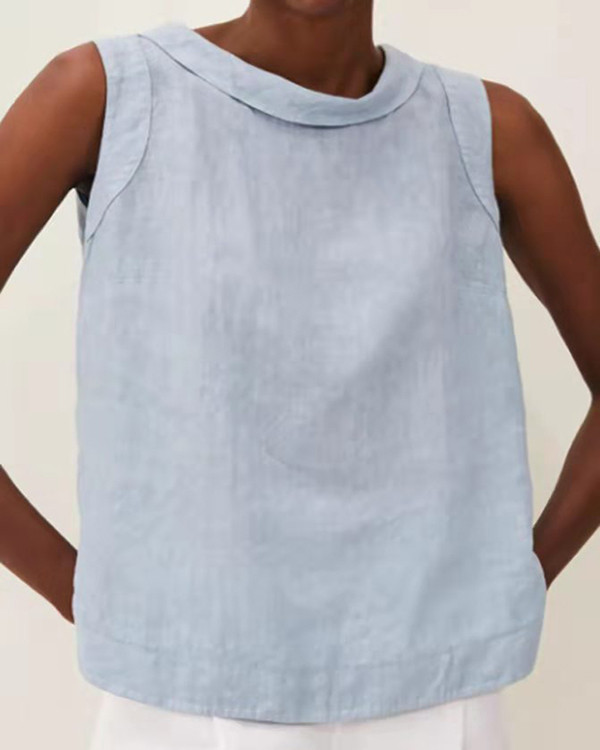 Casual 100% Cotton Solid Color Round Neck Sleeveless Top