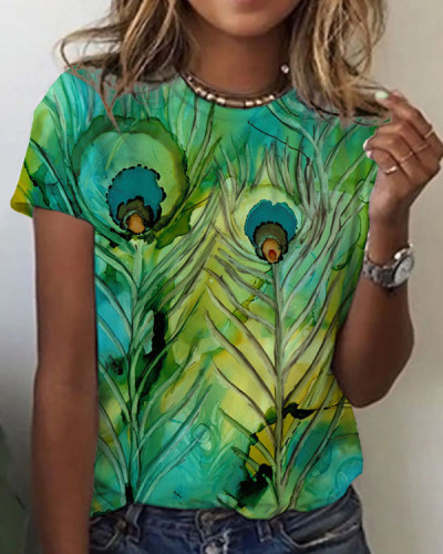Women's Peacock  Pattern Crew Neck T-shirt