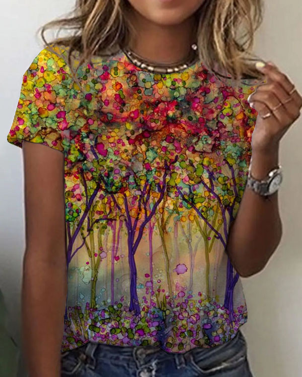 Women's Floral Trees Abstract Pattern Crew Neck T-shirt