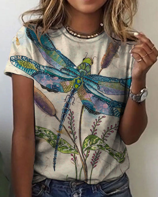 Women's  Dragonfly Pattern Crew Neck T-shirt