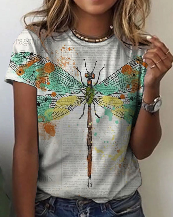Women's Dragonfly Floral Pattern Crew Neck T-shirt