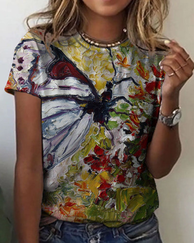 Women's Butterfly Floral Pattern Crew Neck T-shirt