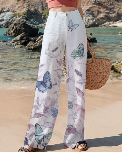 Casual Butterfly Floral High Waist Linen Pants
