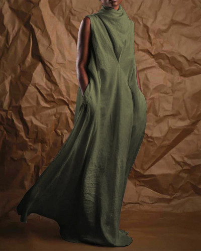 Linen Sleeveless Pile-Neck Long Floor-Length Dress