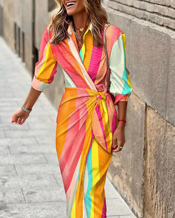 Casual Color-block Floral-detail Shirt Dress