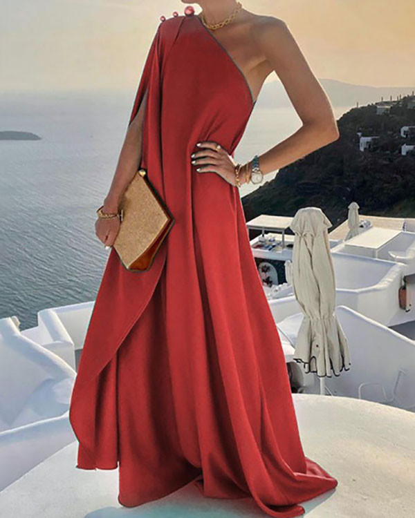 Elegant Solid Color One Shoulder Dress