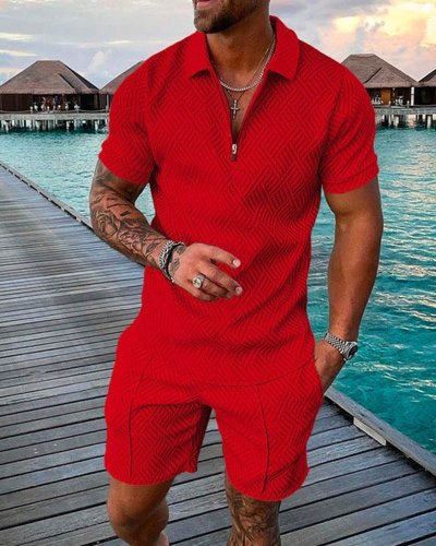 Men's Fashion Red Holiday Floral Print Polo Suit
