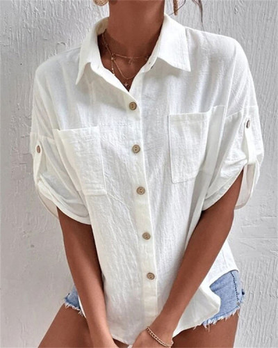 Mid Sleeve Solid Pocket Lapel Linen Shirt Top