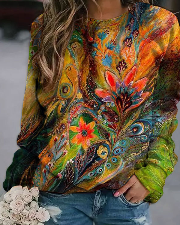 Women's Floral Peacock Print Loose Sweatshirt