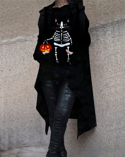 Women's Halloween Skull Cat Pumpkin Print Hooded Long Sleeve Sweatshirt
