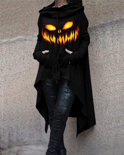 Women's Halloween Scary Pumpkin Print Hooded Long Sleeve Sweatshirt