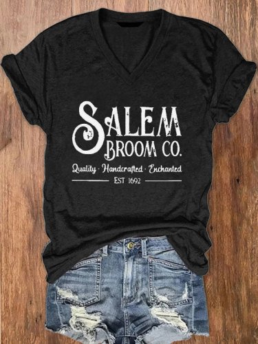 Women's Salem Broom Co Quality Handcrafted Enchanted Est 1692 Print V-Neck T-Shirt