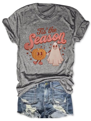 Tis The Season Halloween Print Round Neck Casual T-Shirt