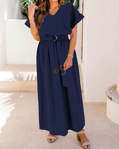 Loose Belt Waist Solid Color Plus Size Dress