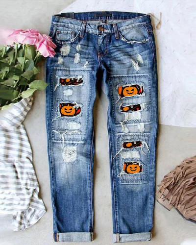 Women's Halloween Pumpkin Print Jeans