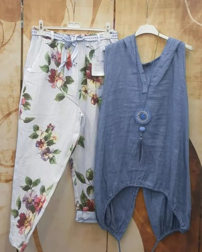 Ladies Casual Flower Print Sleeveless Two Piece Suit