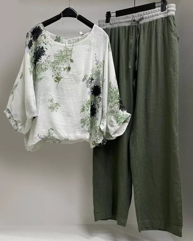 Women's Floral Print Cotton And Linen Casual Two-piece Set