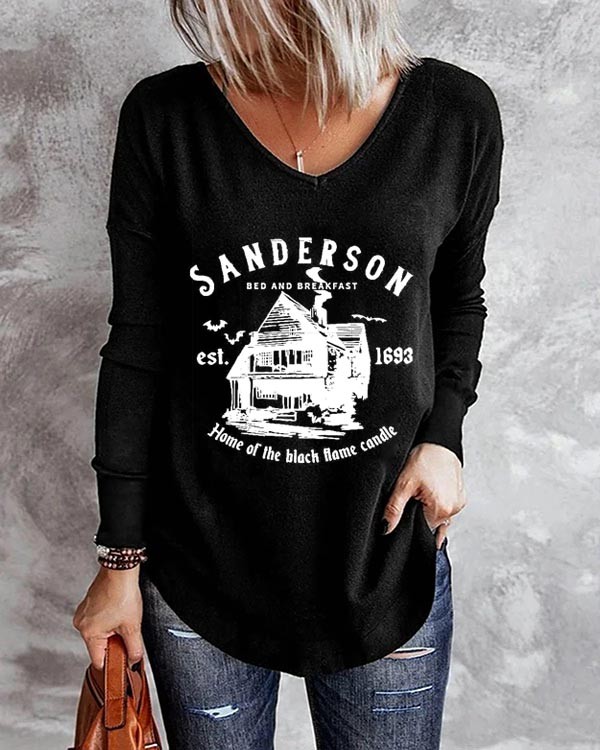 Halloween Letter V-Neck Print Party Long Sleeve Top