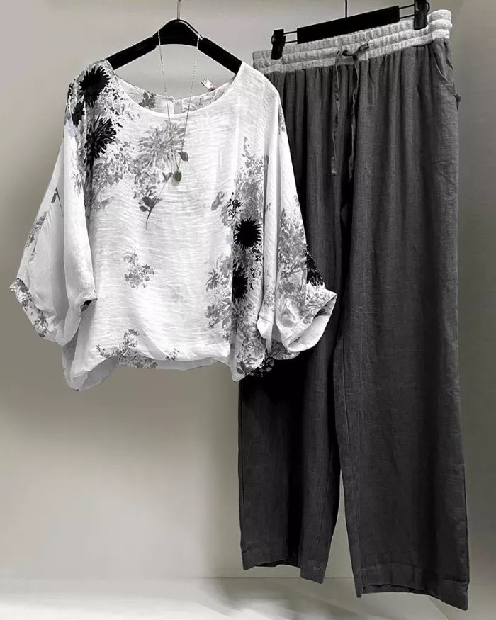 Women's Floral Print Cotton And Linen Casual Two-piece Set
