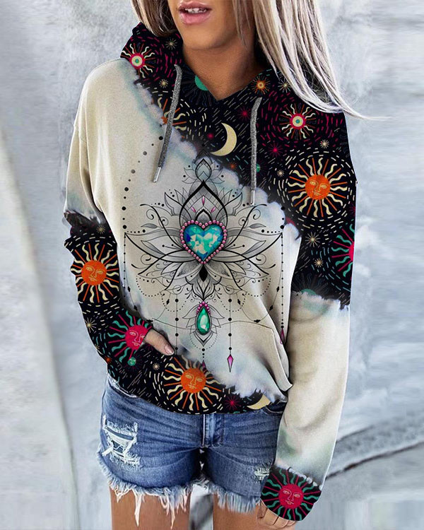 Sun and Moon Print Hoodie Long Sleeve Sweatshirt