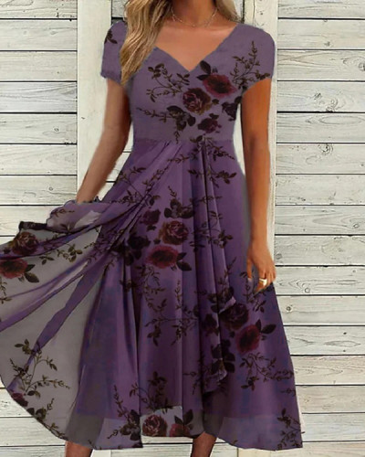 Elegant Short Sleeve Chiffon Floral Print Midi Dress