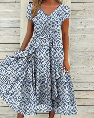 Elegant Short Sleeve Knit Panel Print Midi Dress