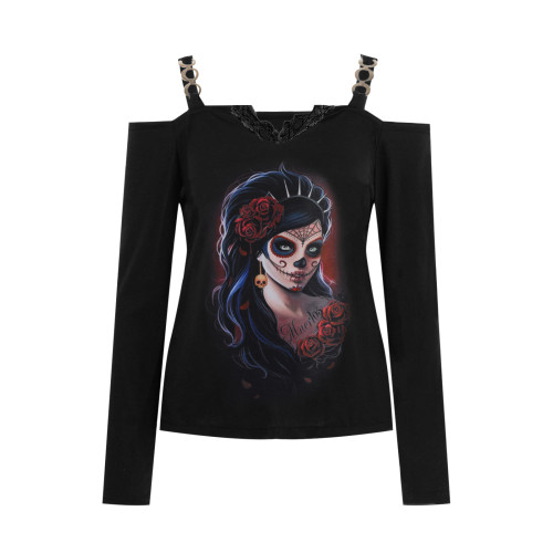 Halloween Off-Shoulder Loose Print V-Neck Lace Long-Sleeve Top