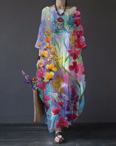 Vintage Floral Loose Crewneck Maxi Dress