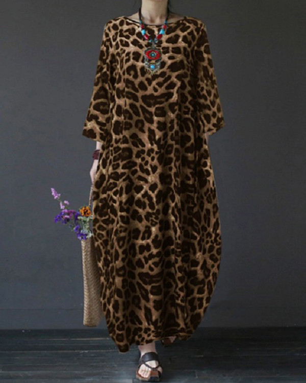 Vintage Leopard Loose Crewneck Long Dress