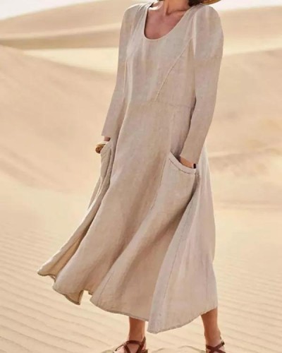 Loose Casual Solid Color Round Neck Pocket Long Sleeve Maxi Dress