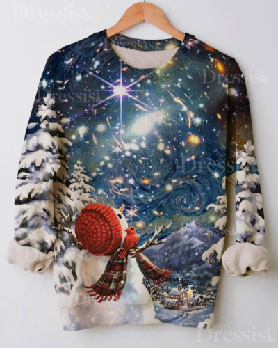 Christmas Snowman and Starry Sky Meet Print Sweatshirt