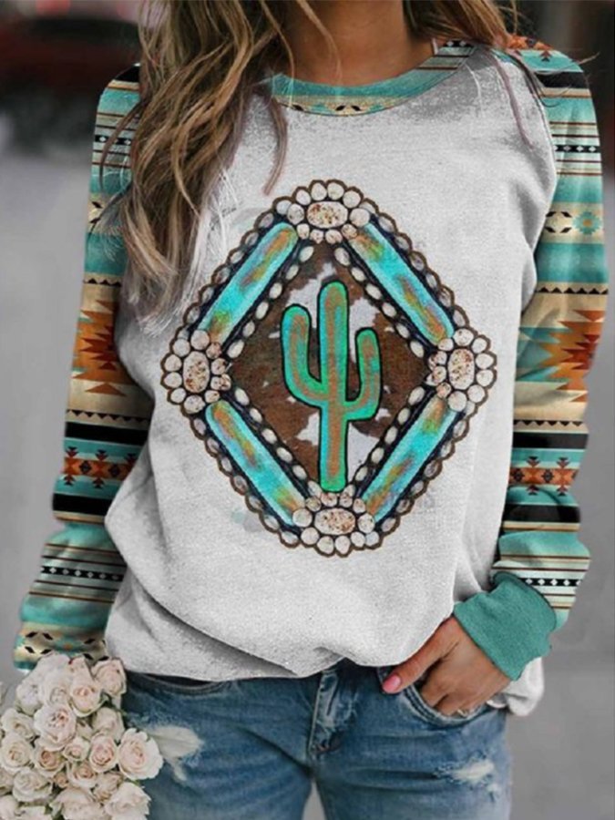 Women's Retro Western Cactus Geometric Print Sweatshirt
