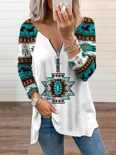 Women's western ethnic print V-neck T-shirt