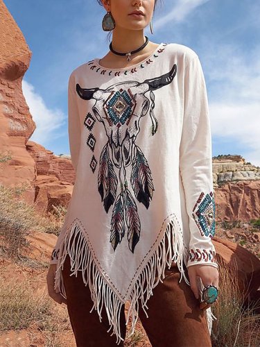 Women's Retro Tribal Printed Tassel Top