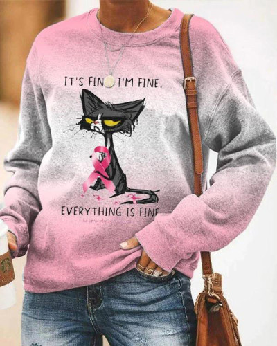Women I'm Fine It's Fine Everything Is Fine Pussy Cat Print Sweatshirt
