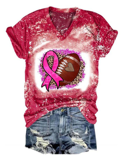 Women Football Leopard Breast Cancer Awareness Print Casual T-Shirt