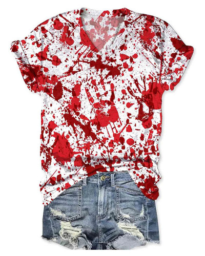 Women Halloween Humor Funny Bloodstained Print V-Neck Short Sleeve T-Shirt