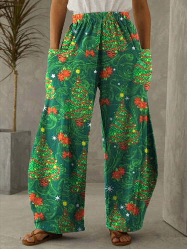 Christmas Green Tree Print Vintage Casual Loose Pants