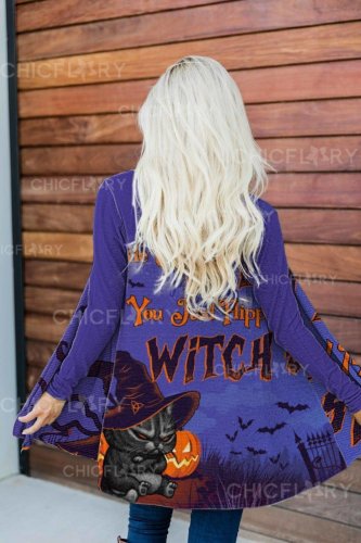 Women's Halloween Cat Buckle Up Buttercup Witch Print Thin Cardigan