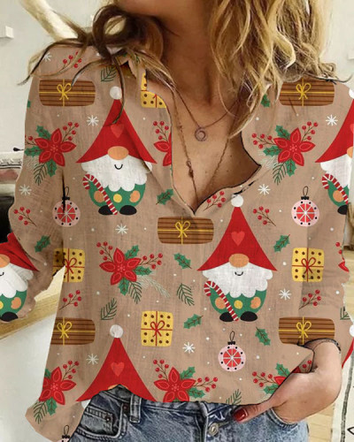 Christmas Gnome Print Loose Shirt