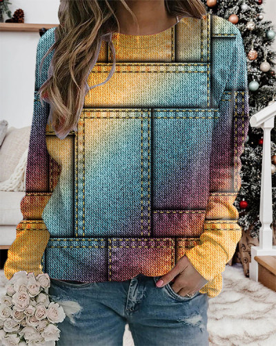 Multicolor Check Panel Long Sleeve Crewneck Sweatshirt