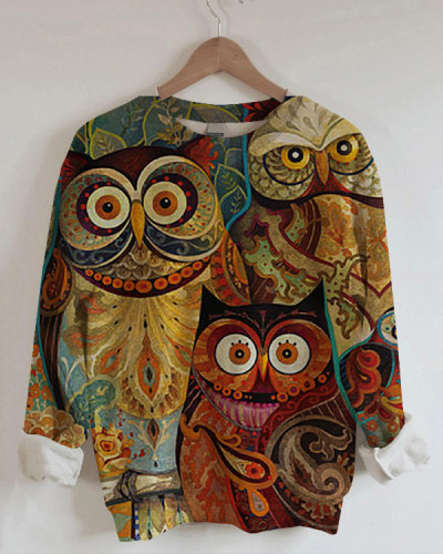 Women's Artistic Owl Print Sweatshirt